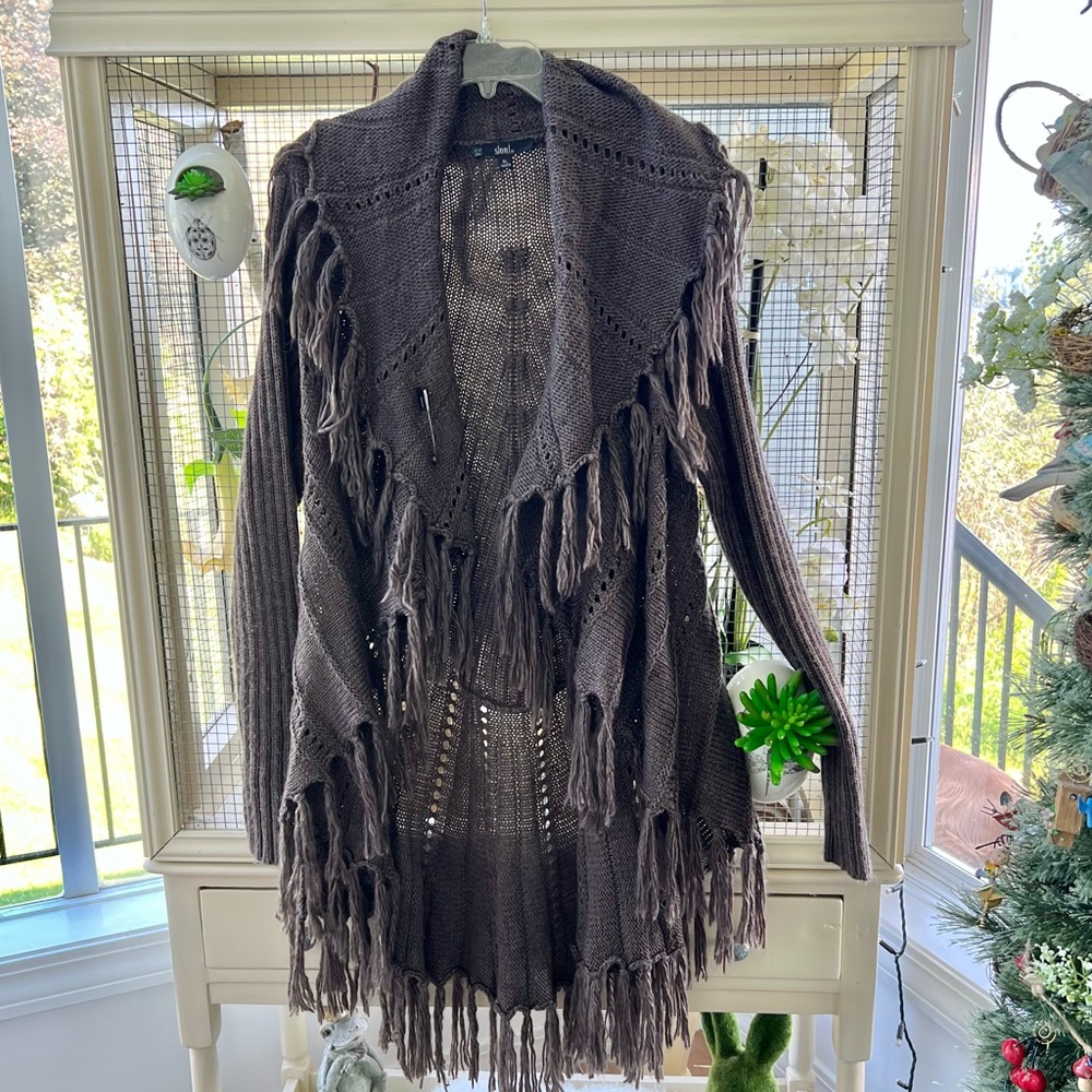 Sioni Mocha Fringed Knit Cardigan Sweater  XL